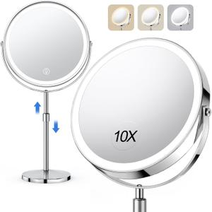 Lighted Makeup Mirror, Rechargeable Height Adjustable Double Sided, 1x/10x Magnifying with 3 Color, Brightness Adjustable, 360 Rotation Vanity, Gift for Women (Chrome)