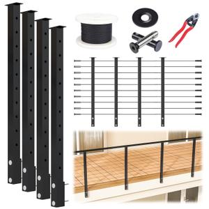 Muzata 16-20FT Modular Black Side Mount Cable Railing Kit 36 Inch 4 Level Post Kit Complete Set Cable Railing System for Decks Length Adjustable with Paper User Guide (No Handrail) RWF2 BH4S