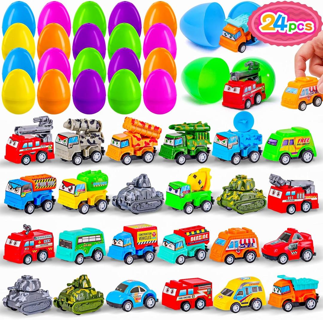 MGparty 24 Pack Prefilled Easter Eggs with Car Toys for Kids Toddlers Bulk Plastic Eggs Pull Back City Truck Vehicles Easter Goodie Bags Stuffers for Toddlers Boys Girls