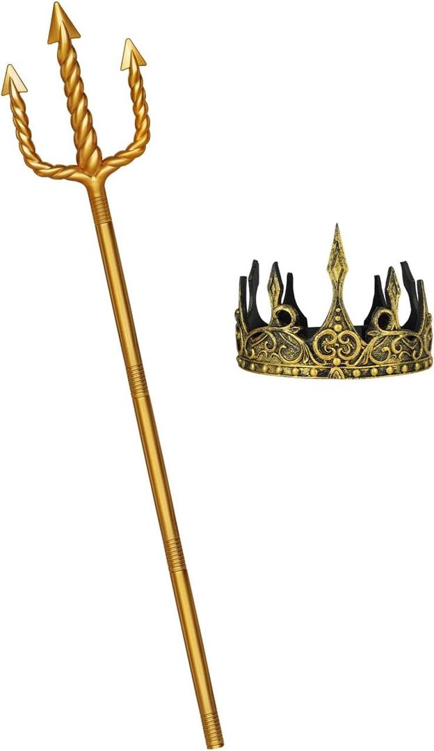 Gold Neptune Poseidon Trident and Gold King Crowns,Plastic Trident Staff Foam Crowns Cosplay Set,Halloween Costume Accessory Props