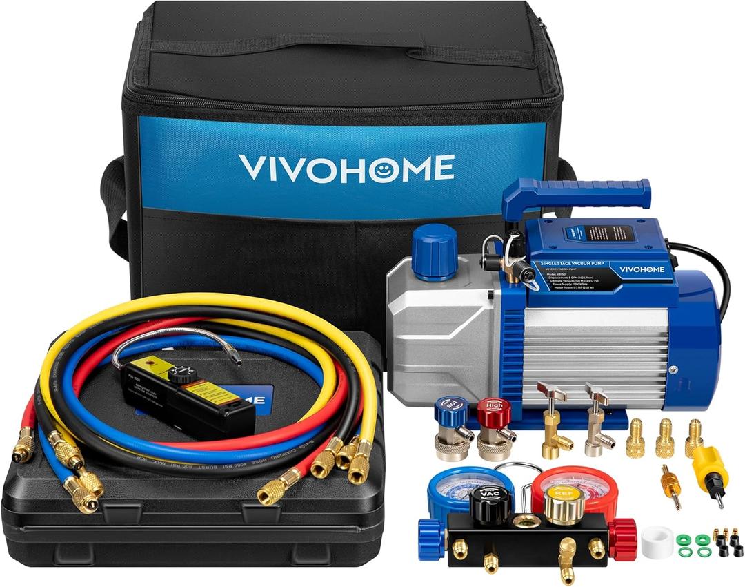 VIVOHOME 110V 1/3 HP 5CFM Single Stage A/C Vacuum Pump and 4 Way AC Manifold Gauge Set Kit with Leak Detector 5ft Hoses for R134a R12 R22 R502 R410a HVAC Air Conditioning Refrigeration Recharging (blue)