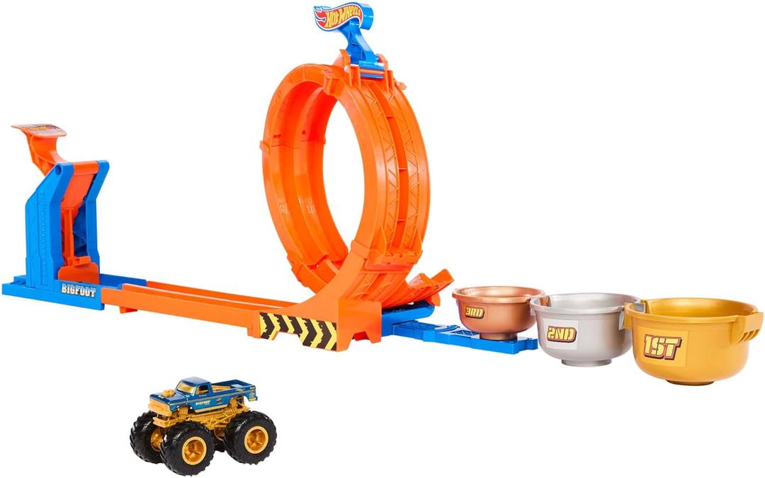 Hot Wheels Monster Trucks Toy Truck & Track Set, Loop-and-Flip Trophy Challenge Playset & 1:64 Scale 50th Anniversary Die-Cast Bigfoot, 2 Ways to Play