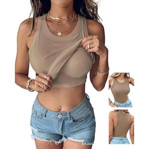 CHICME Women Built-in Bra Tank Tops Sleeveless Casual Shirts Racerback Ribbed Fitted Tank Tops (Brown, XL)