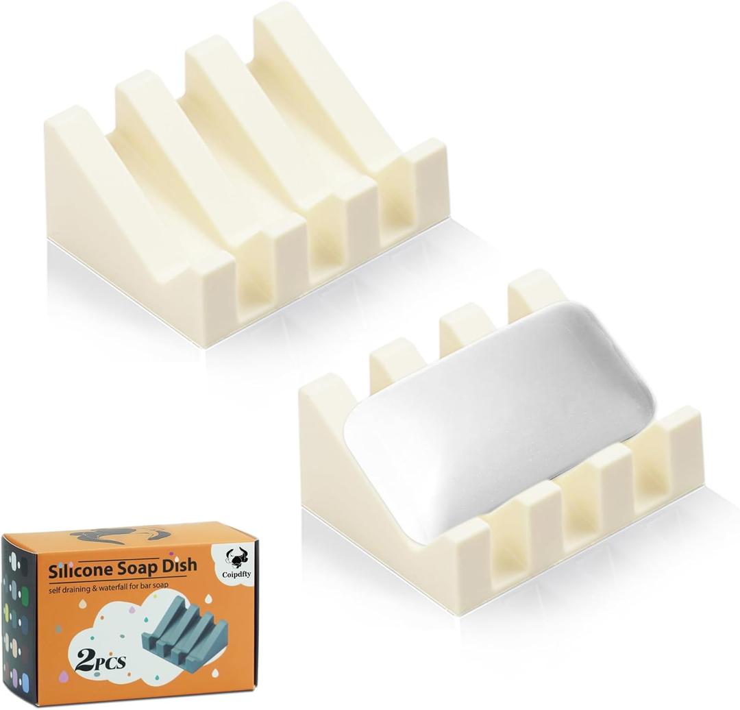 Coipdfty Self Draining Soap Dish Holder,Silicone Soap Dish,for Bathroom,Kitchen, SpongesCan Extend Soap LifeKeep Soap Bars Dry and Easy Cleaning (Cream White,2-Pack)