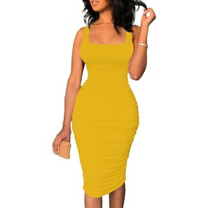 Nimsruc Women's Sexy Casual Tank Top Bodycon Dress Ruched Pencil Sleeveless Basic Midi Club Dresses (Yellow, XL)