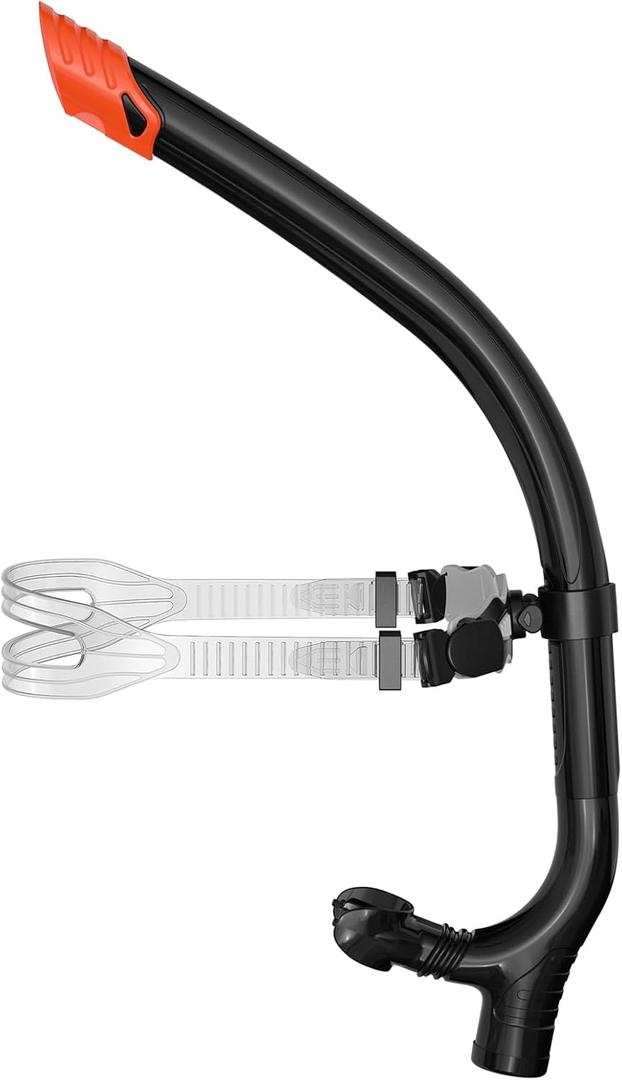 Swimmer's Snorkel for Lap Swimming, Adult Snorkeling Gear Swim Training, Center-Mount Silicone Mouthpiece One-Way Purge Valve in Pool and Open Water (Black)