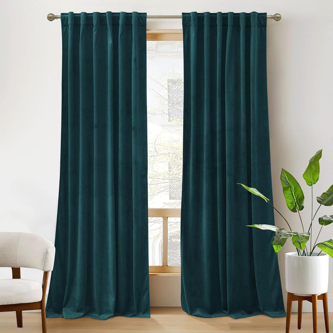 RYB Home Teal Velvet Curtains 84 inch Length - Super Soft Durable Window Drapes Plush Velvet Room Darkening Backdrop for Nursery Playroom Bedroom, Peacock Blue, W52 x L84 inches, 2 Panels