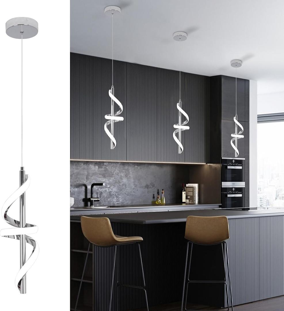 CANEOE Modern Pendant Light Kitchen Island Lighting 6000K Chrome LED Pendant Light Fixtures Over Island Adjustable Height Pendant Lighting for Kitchen Island Dining Room Bedroom Pendant Lamp,1 Pack