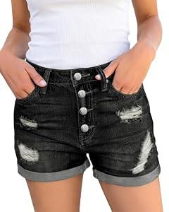 luvamia Women's Ripped Button Fly Denim Shorts High Rise Stretchy Roll Hem Cut Off Shorts Wise Up Black Size Large