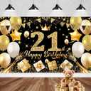 Happy 21st Birthday Banner Backdrop Black and Gold - 71x43 Fabric - Large Happy Birthday Sign for Backdrop, Birthday Party Photo Background Decorations for Men Women