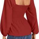 Umenlele Women's Long Sleeve Square Neck Shirred Ruched Ruffle Peplum Blouse Shirt Tops (Medium)