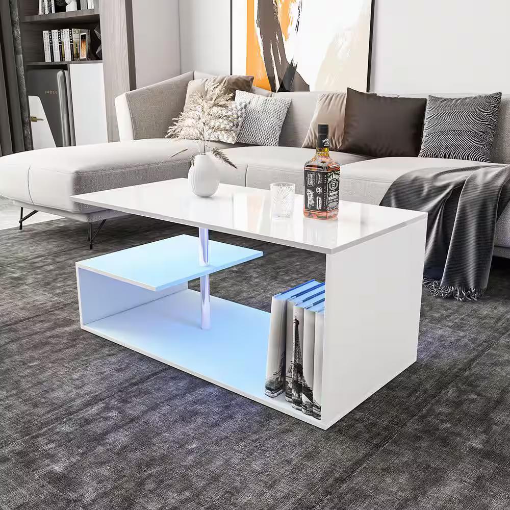 Hommpa 39.4 in. White Rectangle Particle Board Coffee Table with APP Controlled RGB LED Light and 2-Open Shelves