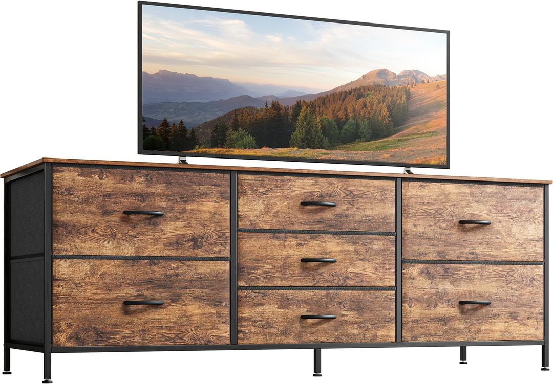 Huuger Dresser for Bedroom, 47 Inch TV Stand for 43 Inch TV, Long Fabric Dresser for Closet, TV Stand with 7 Drawers, Storage, Clothing, Rustic Brown