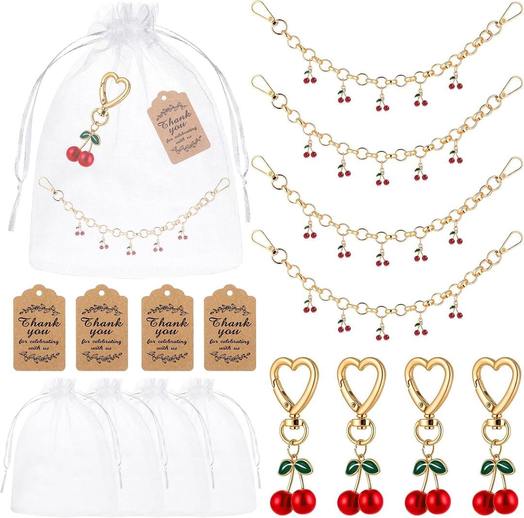 Yuntau 4 Set Cherry Keychain Bulk Party Favor Gifts Accessories Gold Cherry Bag Charm Double Buckle Keychain Wallet Chain Present with Thank You Tags Organza for Guests Women Handbag Wallet Purse