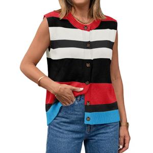 Tankaneo Womens Color Block Striped Sweater Vest Tops Summer Casual Button Up Knit Sleeveless Cardigan Tank Tops Red (S)