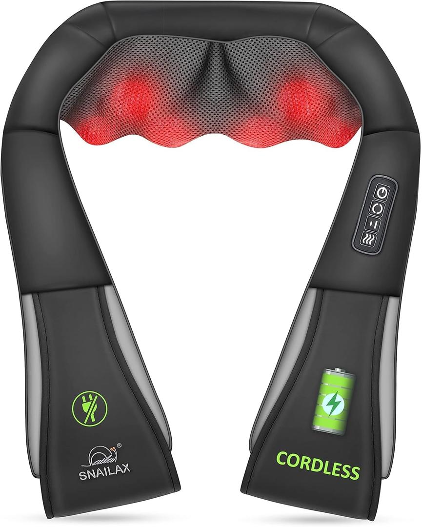 Snailax Cordless Massager - Shiatsu Neck and Shoulder Massager with Heat, FSA HSA Eligible, Portable, Lumbar, Foot Electric Massage Pillow, Christmas Gift (Black)