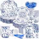 400Pcs Blue & White Floral Party Supplies 7" 9 Inch Disposable Elegant Paper Plates With Scalloped Rims Napkin Cups Chinoiserie Vintage Flower Tableware Set for Wedding Engagement Baby Shower