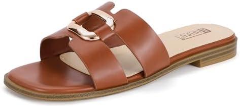 IDIFU Brown Women's Flat Sandals Square Open Toe Slip On Comfortable Dressy Trendy Fashion Slide Sandals for Women Ladies Bridal Summer Beach Work Office Flat Sandals(Brown Pu, 6)