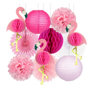 Tropical Pink Flamingo Party Decorations Set, Pom Poms Honeycomb Balls Paper Fans and Lanterns, 50 Plastic Drinking Straws and 12 Inflatable Pool Drink Holders for Hawaiian Summer Beach Party Favors, Pink 