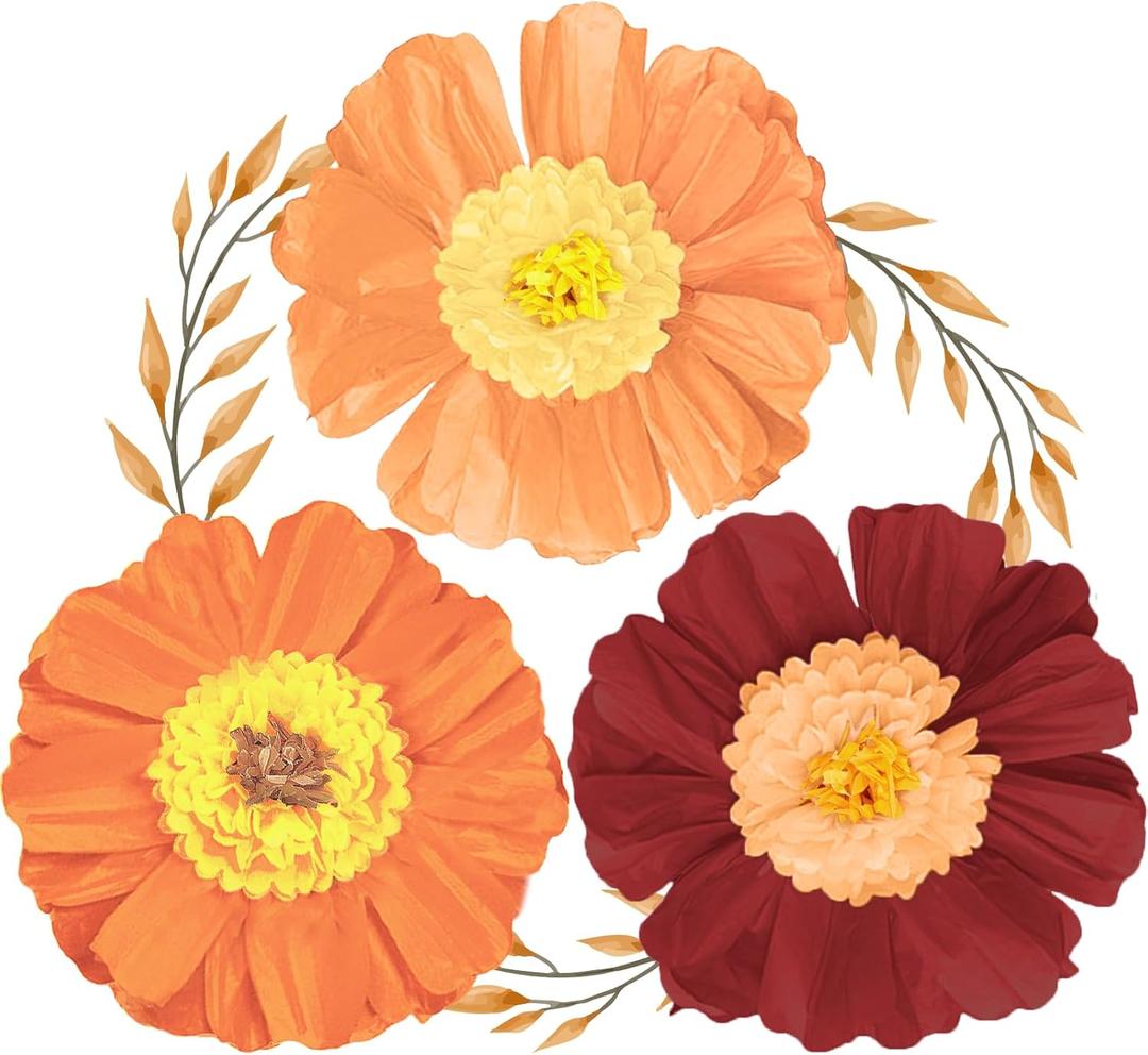 3 x NICROHOME Wedding Party Decorations, 6 PCS Large Dark Red and Orange Crepe Paper Flowers Pom Poms Decorations for Engagement, Bridal Shower Cutie Baby Shower Holiday Party Supplies