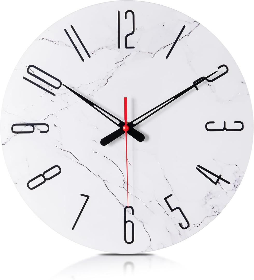 14in Glass Wall Clocks for Living Room Decor, Decorative Wall Clocks Battery Operated, Silent Kitchen Clocks, Wall Clock for Bedroom (Marble)