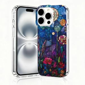 for iPhone 16 Pro Max Case, Stained Glass Case, Aesthetic Clear Cases, Scratch Resistant Shockproof Cover, Mosaic Print Phone Cases, Cosmic Garden Phone CoverB149