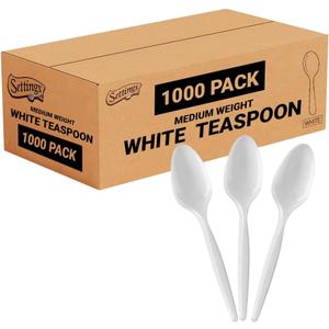 Settings White Plastic Teaspoons, 1000 Count - Heavy-Duty Disposable Teaspoons, BPA-Free Bulk Plastic Cutlery for Parties, Weddings, Catering & Everyday Use