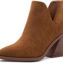 Shoe Land Mingo Women's Ankle Booties Chunky Stack Heels V Cutout Boots Pointed Toe Back Zipper Slip on Shoes (7, Tan)