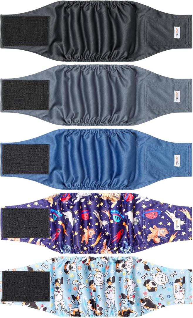 Grecle 5 Pack Dog Diapers Male Reusable, Premium Belly Bands for Dogs, High Absorbing Male Dog Pee Wraps for Doggie in Incontinence or Excitable Urination and Training Black M (Astronaut)