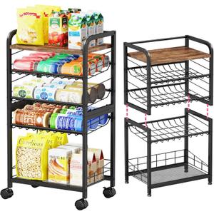 SWTYMIKI Can Organizer for Pantry - Stackable Rolling Snack Cart, Soda Can Organizer, Multi-Functional Shelf with Adjustable Wheels for Kitchen, Office, Living Room, Black
