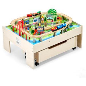 VEVOR Train Table, 100 Multicolor Pieces Wooden Kids Activity Table with Rolling Storage Drawer, 3-in-1 Wooden Train Set for Gaming, Drawing, Reading, Eating, Creative Toy Set for Kids Ages 3+