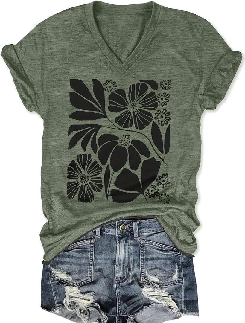 Women's T-Shirts V-Neck Boho Flowers Wildflowers Graphic Tees Shirts Cute Casual Summer Tops Short Sleeve T Shirt (Green, L)