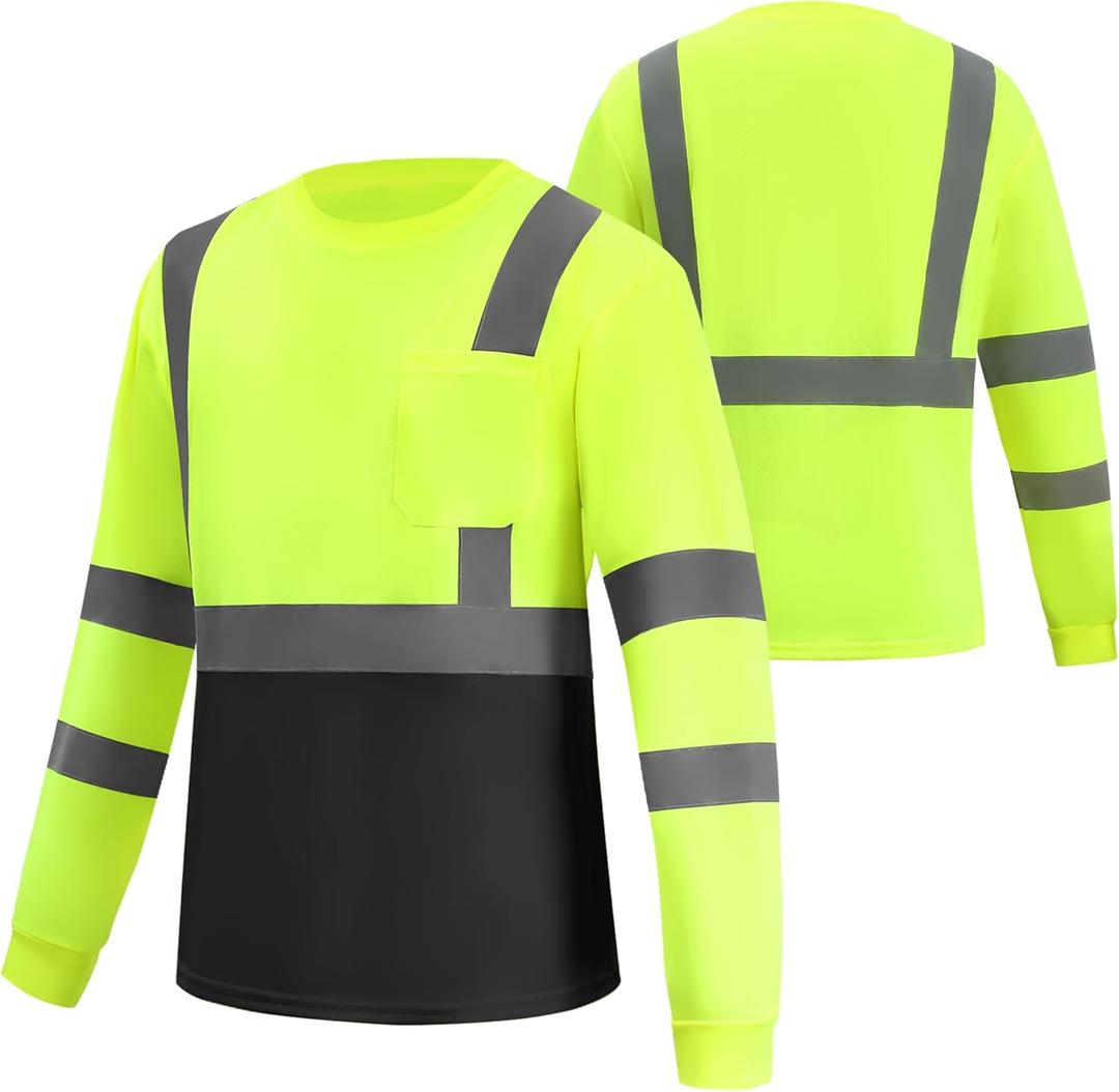 Hi Vis Reflective Long Sleeve Safety Work T Shirt Moisture Wicking DryBlend for Railway Workers Fast Dry Comfortable (Yellow, M)