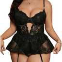 OYOANGLE Women's Plus Size Lace Babydoll Spaghetti Strap V Neck Cut Out Teddy Lingerie Set with Garter Belts,XL