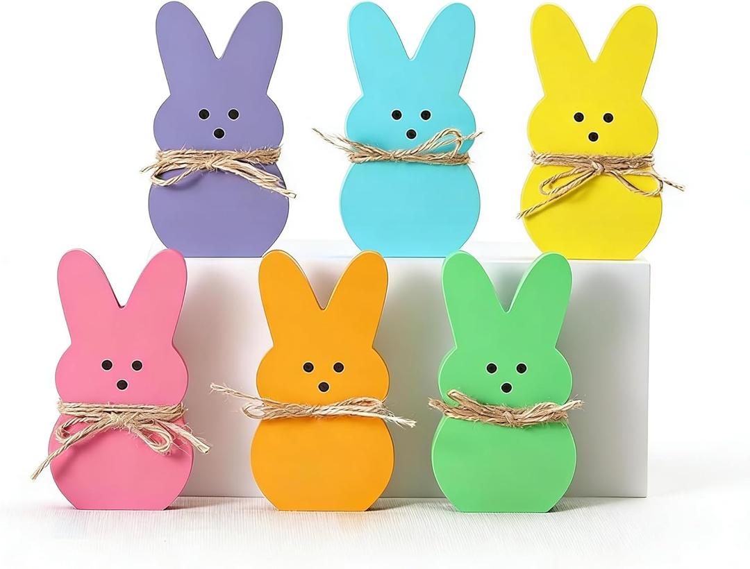 Easter Decorations,6 Pcs Bunny Table Decorations Wooden Spring Signs for Home,Cute Bunny Table Decor with Jute Twine Bow Spring Decorations for Home Room and Party Favors Easter Tiered Tray Tabletop Indoor Gift