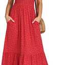 ANRABESS Womens Square Neck Maxi Dress Ruffle Sleeveless Smocked Casual Floral Summer Beach Sundress with Pockets Red Purple Dot Small