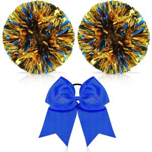 Hanaive 3 Pcs Cheerleading Pom Poms and Large Cheerleader Hair Bow Metallic Cheer Supplies for Team Spirit Sports Dance Cheering (Blue Mixed Gold)