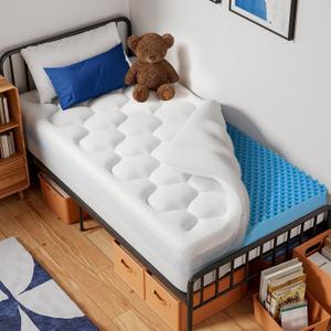 OhGeni Cooling 5 Inch Twin XL Dual Layer Mattress Topper, 3 Inch Egg Crate Gel Memory Foam, 2 Inch Pillow Top Pad, College Dorm Essentials Bedroom Mattresses Cover, with 1000 pcs air Holes