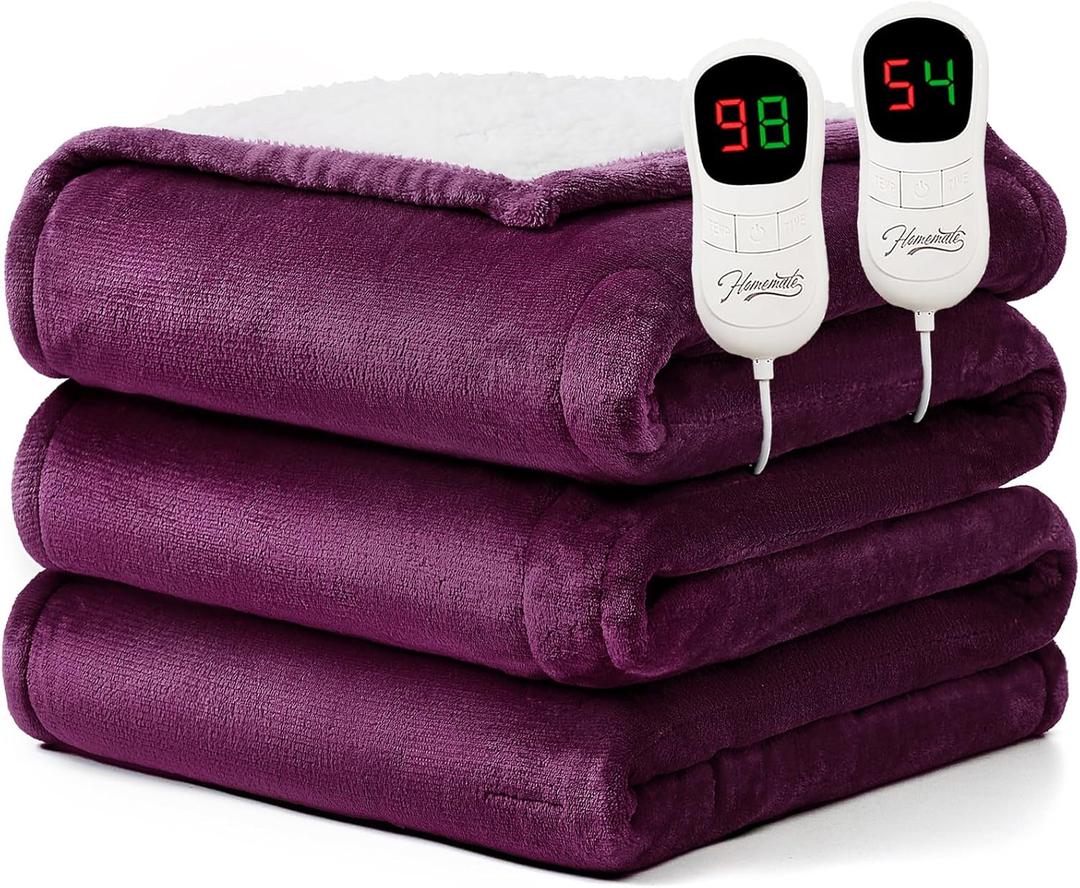 Homemate Electric Heated Blanket Queen Size - 84"x90" Heating Blanket Queen Size Dual Control 1/2/4/6/8 Hours Auto-Off 10 Heat Level Over-Heat Protection Flannel Sherpa ETL Certification (05 - Purple)