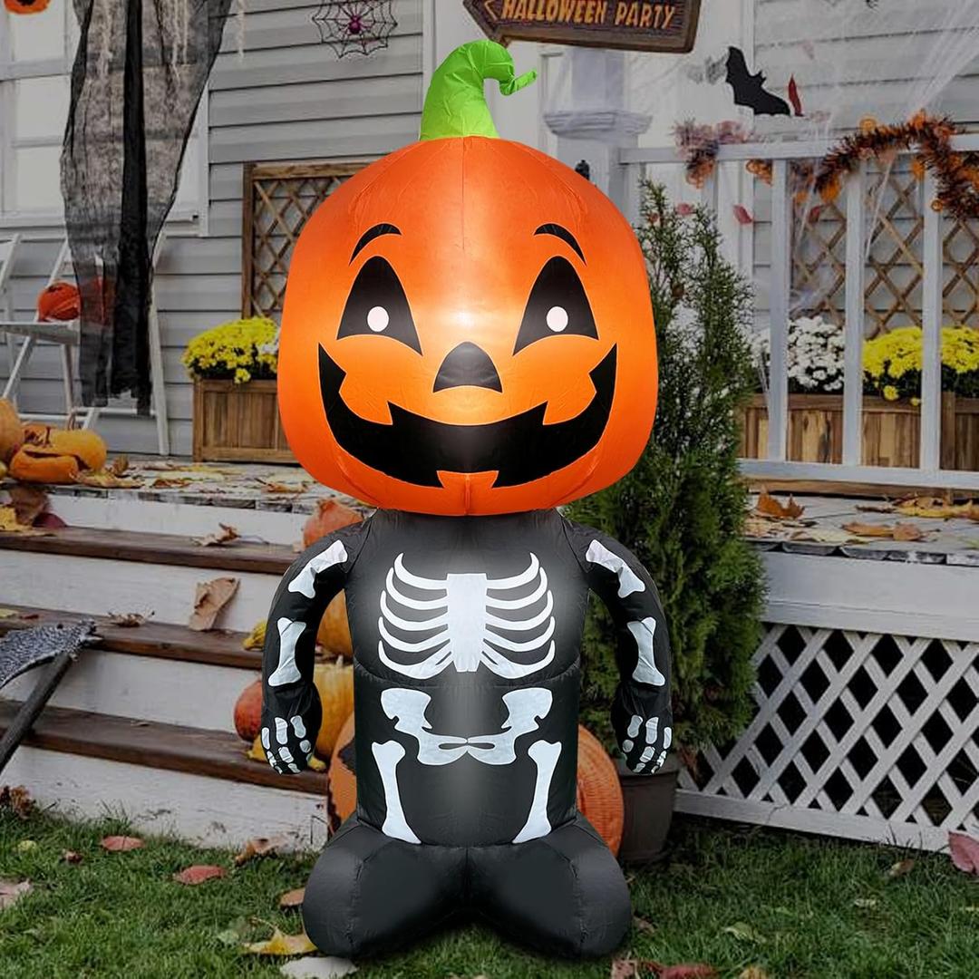4FT Halloween Inflatable Decoration Skull Pumpkin Man Outdoor Inflatable Decoration with LED Lights Halloween Inflatable for Garden Home Holiday Party