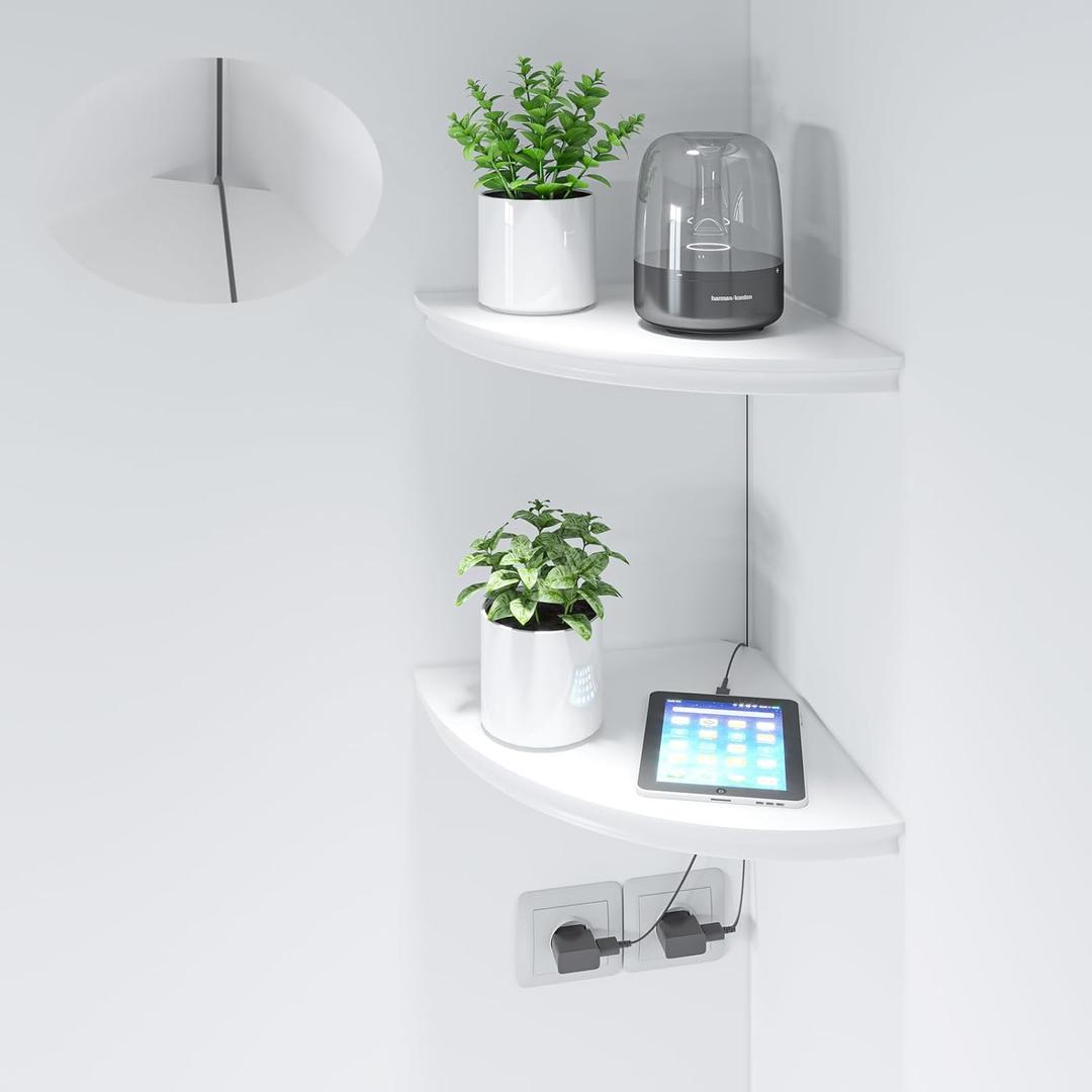 HAO Floating Corner Shelf Invisible Wall Mounted Shelves Radial Shape Cable Wire Hole Pattern Perfect for Bedroom Bathroom Living Room Kitchen 17 Inch Set of 2 White, 17 Inch Radial with Wire Cable Hole