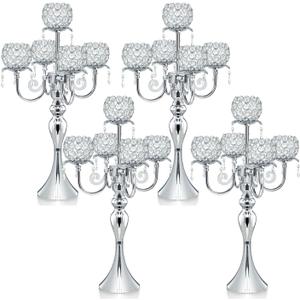 Set of 4 Candlesticks 5 Arm Crystal Strap Pendant Silver Table Decor Candelabra, 22.5 inches Elegant Dining Room Centerpieces for Holiday Parties Weddings (4, Silver)