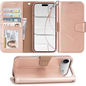 Arae Compatible with iPhone Air Case Wallet with Card Holder, Wristlet Strap Wallet Flip Cover for iPhone Air 6.5 inch Men/Women, RFID Blocking, Kickstand, Rose Gold