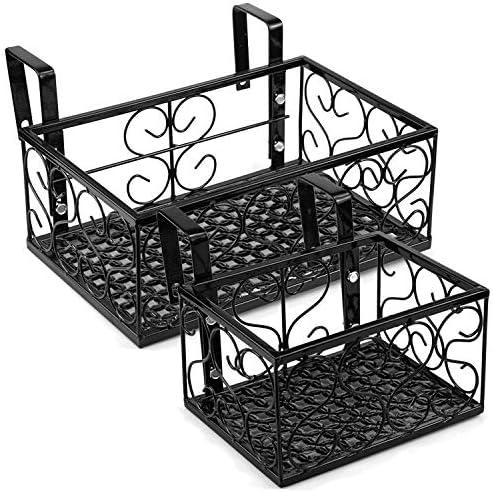 Tosnail Set of 2 Pack Rectangular Metal Railing Plant Stand, Large and Small Flower Pot Holder, Fence Planter Tray for Indoor Outdoor Use - Black