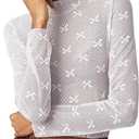 Women Lace Mesh Bow Top Long Sleeve Mock Neck See Through Shirt Polka Dot Embroidered Sheer Layering Tops (White, XL)