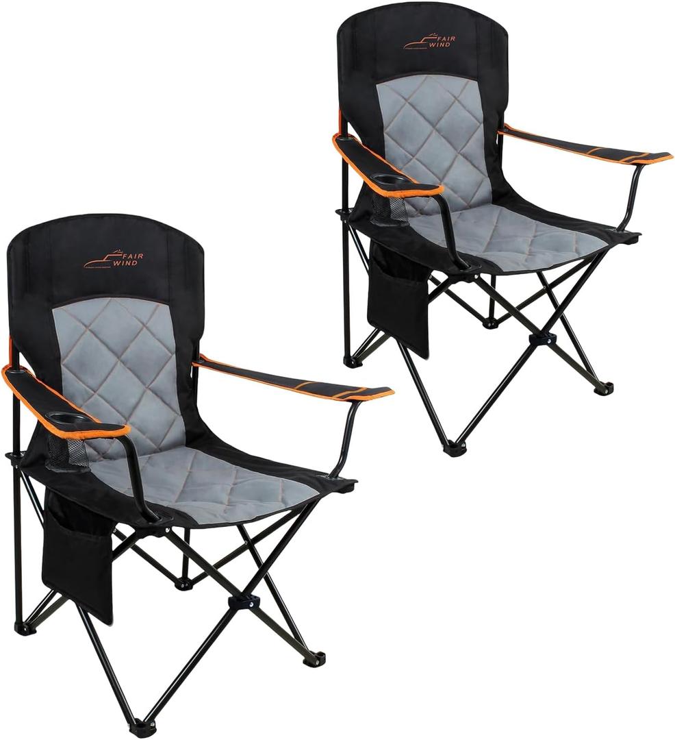 FAIR WIND 2 Pack Oversized Fully Padded Camping Chair Heavy Duty Quad Fold Arm Chair Support 350 LBS with Cup Holder, Collapsible Lumbar Back Chair Portable for Outdoor, Black (Twin Pack)