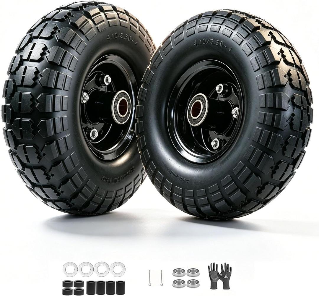 10" Solid Tires, 4.10/3.50-4 Tire and Wheel Flat Free, 5/8" Bearings