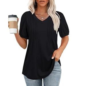 siliteelon Womens Blouses Dressy Casual Puff Short Sleeves Shirts Pleated V Neck Summer Loose Blouses Tunic Tops L Black