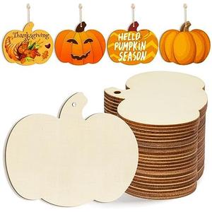 Wooden Pumpkins Ornaments to Paint Halloween Thanksgiving Decoration Cutouts Unfinished 24PCS 3.5 x 3 inches, DIY Blank Unfinished Pumpkin Wood Discs Ornament for Home Harvest Crafts Hanging Autumn De
