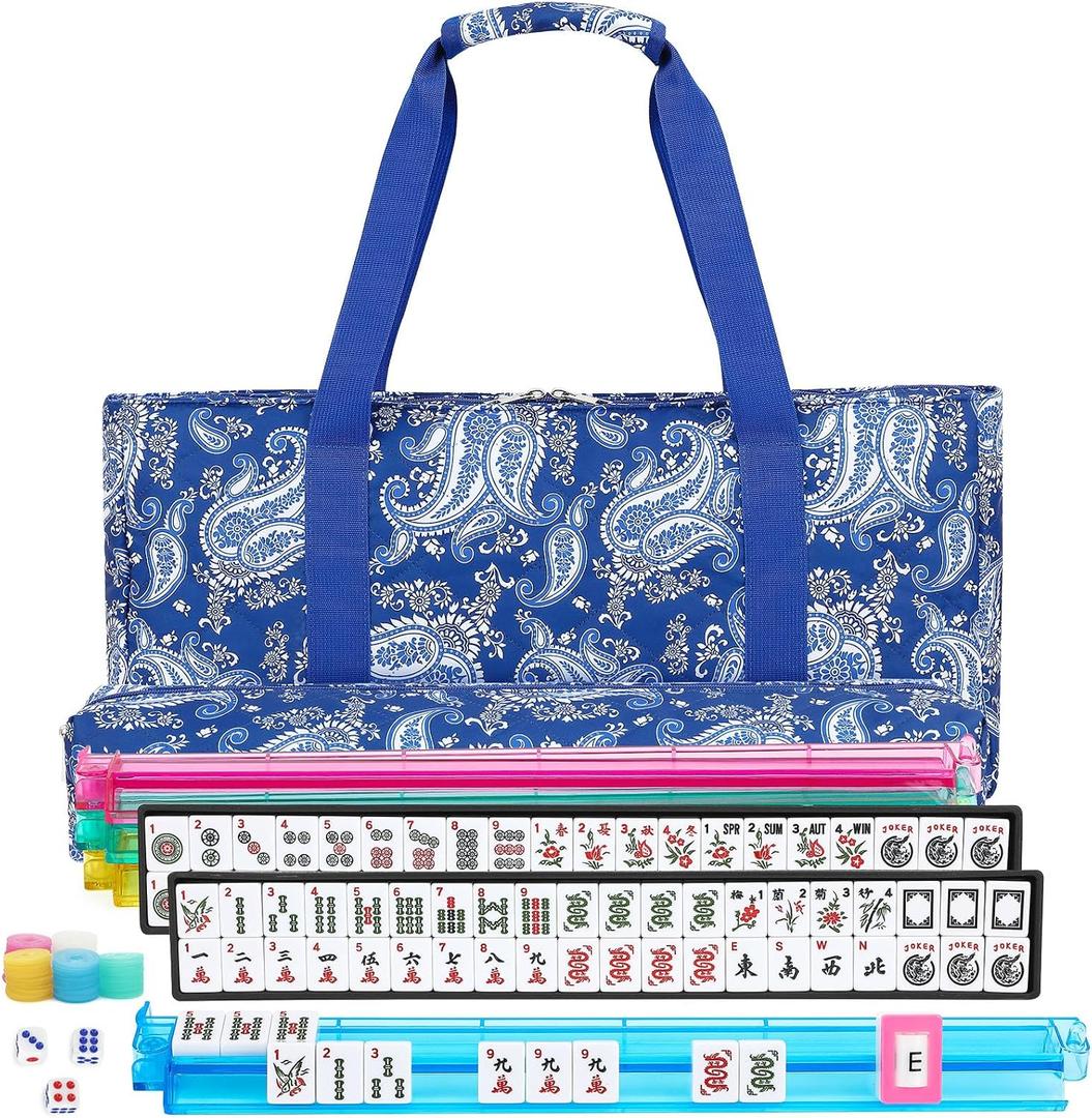 American Mahjong Set, 166 White Tiles with 4 Colors Acrylic Racks, Pushers, Flower Carrying Bag, Portable Travel Set